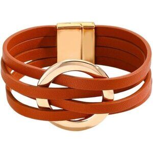 Orange Charm Leather Wrap Strand Boho Bracelet Handmade Cuff Bracelets for Women